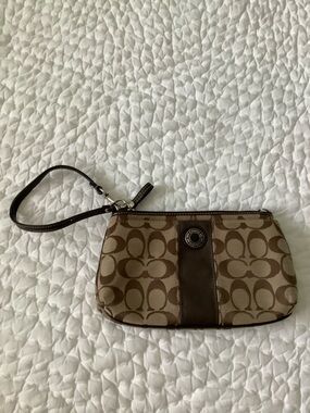 Coach Brown/Tan Signature Canvas Wristlet with Leather Strap